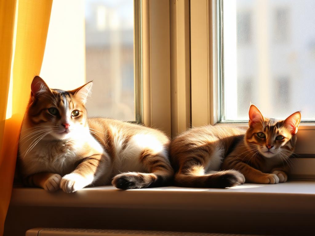 Two cats resting on a sunlit windowsill