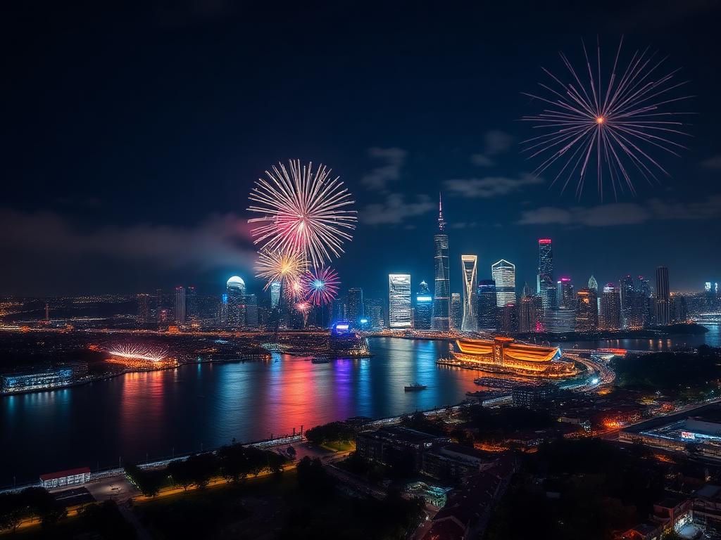 Fireworks over a city skyline and river at night