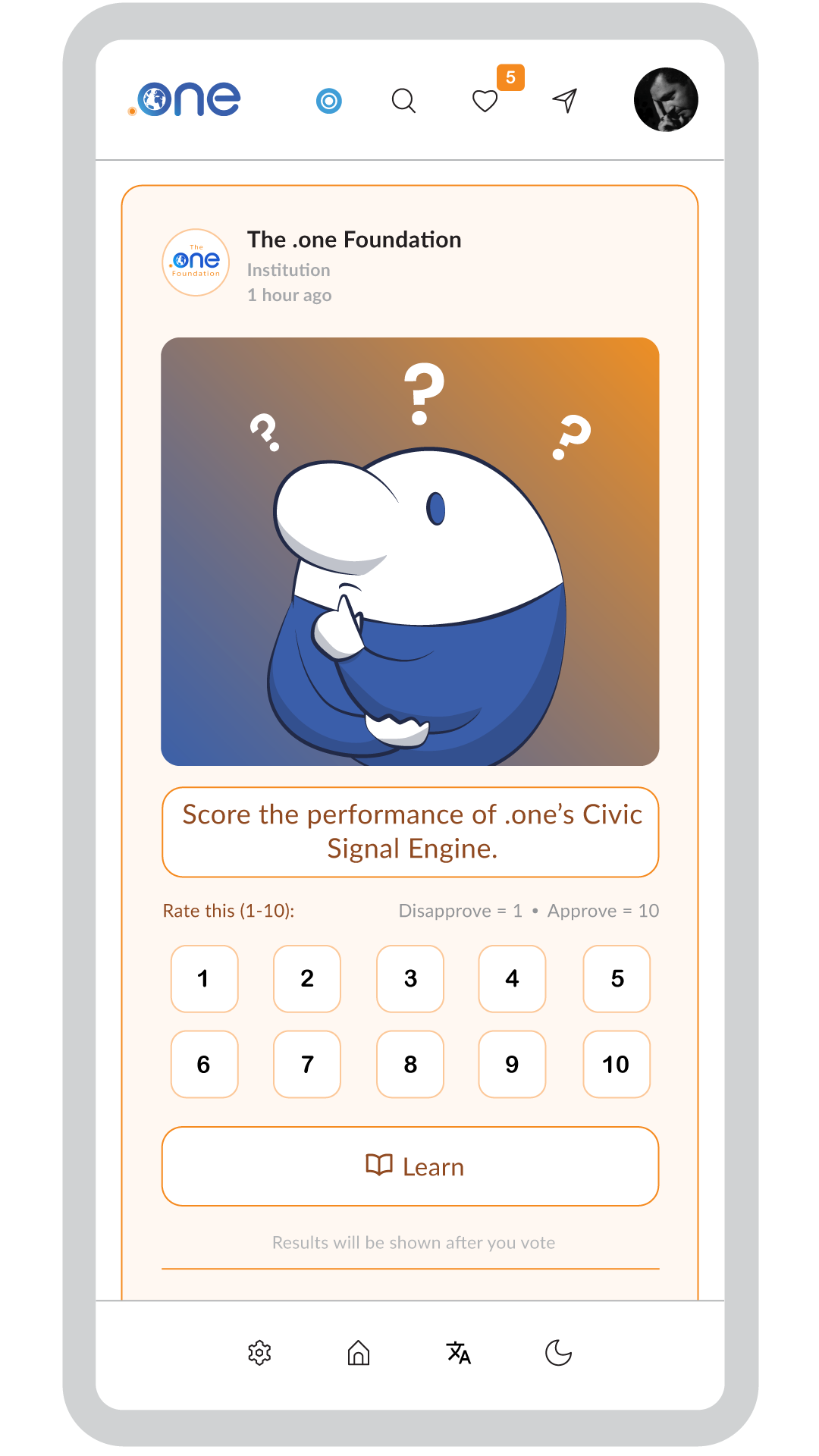 Institution score poll preview in the .one app